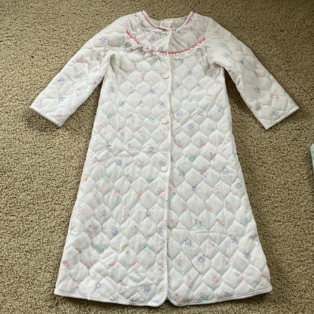 Candlesticks VTG Girls Long Quilted Robe Button Front Sz 6 Floral Union Made